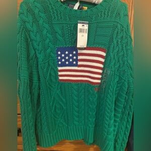 Ralph Lauren Green Cable Knit Sweater with Flag Design
